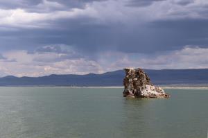 Mono Lake tufa tower with storm clouds