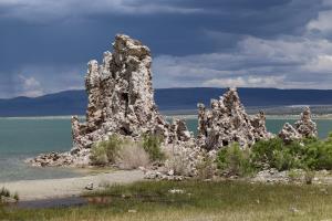 Mono Lake tufa towers along shore with storm clouds with grass