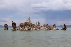 Mono Lake tufa towers along with storm clouds in distance