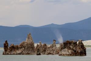 Mono Lake tufa towers with dust storm cloud in background