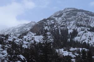 View of mountains and trees from perimeter trail in Ouray Ice Park