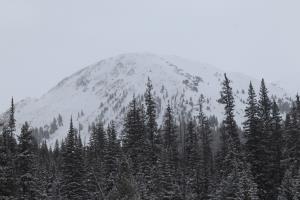 Mountain seen along snowmobiling trail