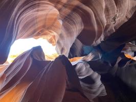Looking up to sky in Antelope Canyon