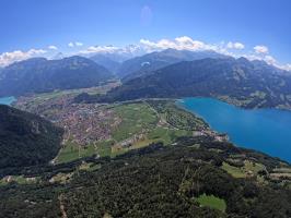 View of lakes and town while paragliding