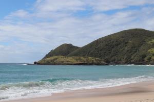 Spirits Bay beach with waves and hills