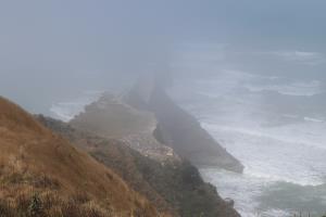 Fog and coastline with remote gannet colony