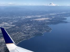 View of Mt. Rainier while departing Seattle from an airplane