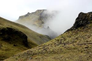 Fog on hills seen from Fimmvörðuháls Trail
