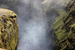 View into waterfall mist on Fimmvörðuháls Trail