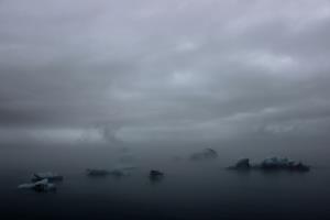 Many icebergs seen in the fog