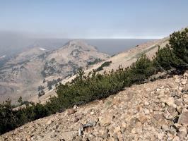 View on Lassen Peak trail with smoke from fires